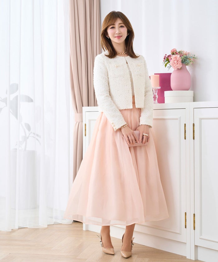 ジャケットツイードショートレディースノーカラー白黒春かわいい長袖オフィスきれいめジョイントスペース