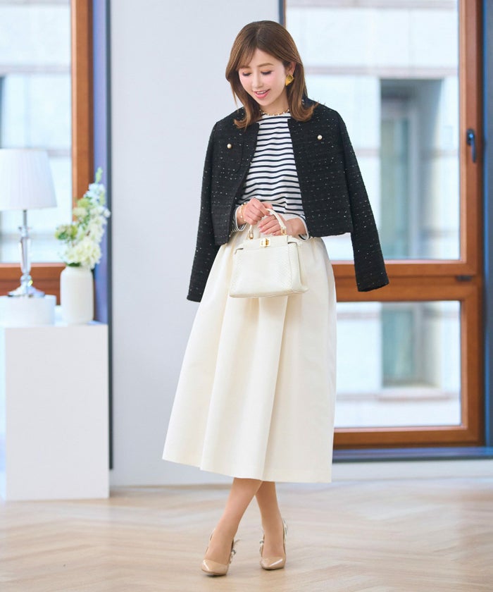 ジャケットツイードショートレディースノーカラー白黒春かわいい長袖オフィスきれいめジョイントスペース