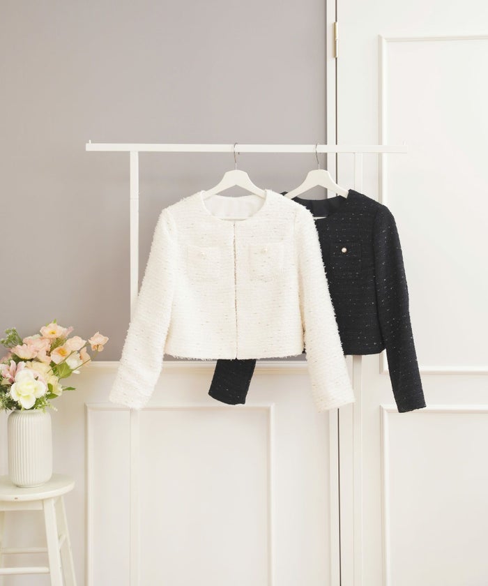 ジャケットツイードショートレディースノーカラー白黒春かわいい長袖オフィスきれいめジョイントスペース