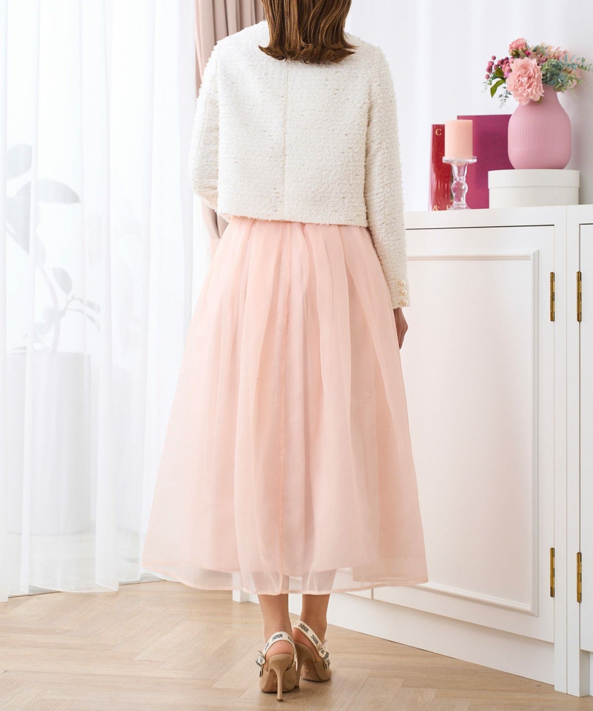 ジャケットツイードショートレディースノーカラー白黒春かわいい長袖オフィスきれいめジョイントスペース