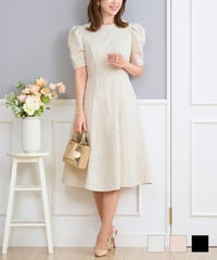 ツイード ワンピース レディース ファッション フォーマル 普段着 パーティ 春夏秋 半袖 膝丈 かわいい ジョイントスペース マトンスリーブ ツイード ワンピース Prima Scherrer