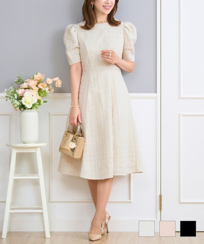 ツイード ワンピース レディース ファッション フォーマル 普段着 パーティ 春夏秋 半袖 膝丈 かわいい ジョイントスペース マトンスリーブ ツイード ワンピース Prima Scherrer