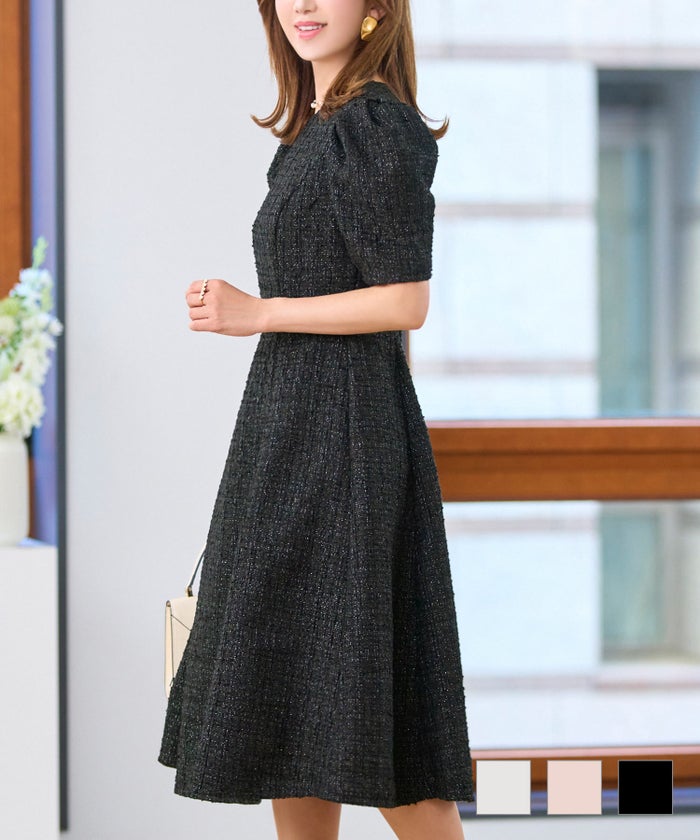 ツイード ワンピース レディース ファッション フォーマル 普段着 パーティ 春夏秋 半袖 膝丈 かわいい ジョイントスペース マトンスリーブ ツイード ワンピース Prima Scherrer