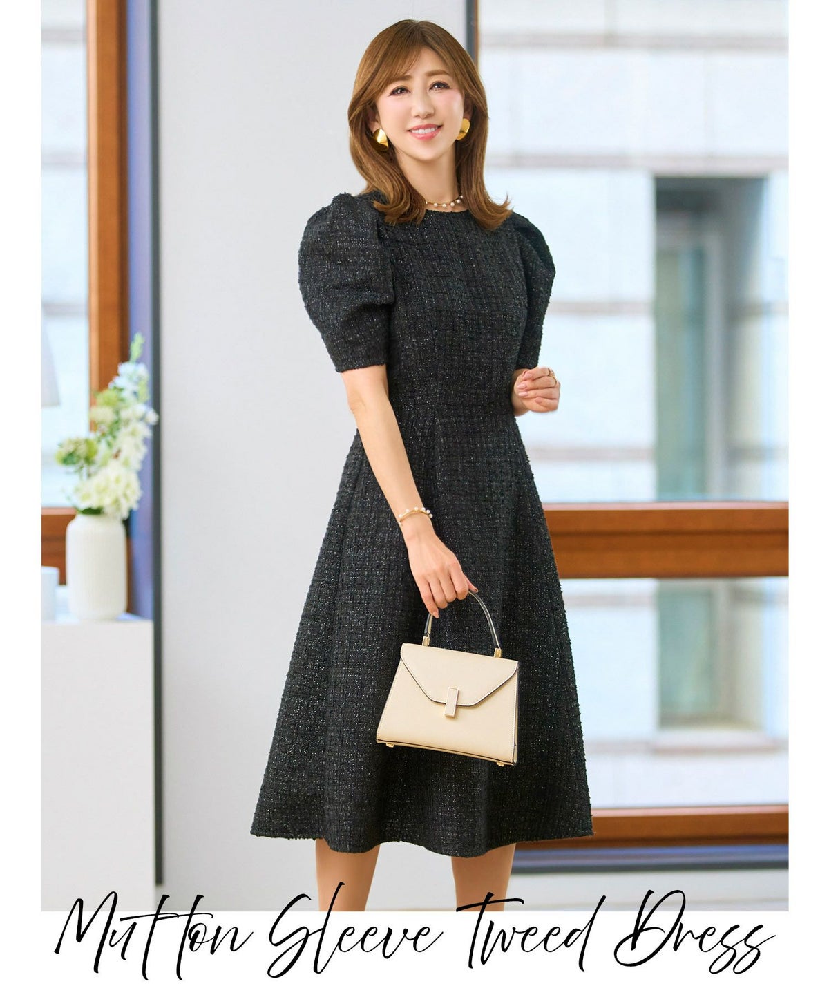 ツイードワンピースレディースファッションフォーマル普段着パーティ春夏秋半袖膝丈かわいいジョイントスペース