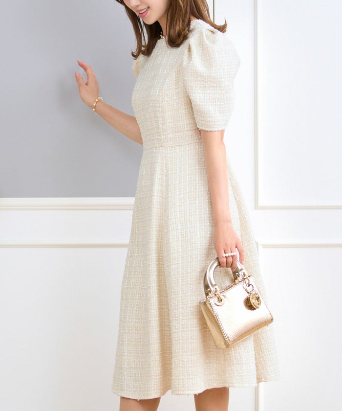 ツイードワンピースレディースファッションフォーマル普段着パーティ春夏秋半袖膝丈かわいいジョイントスペース