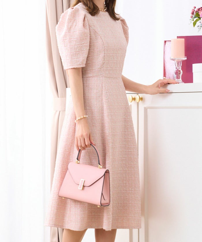 ツイードワンピースレディースファッションフォーマル普段着パーティ春夏秋半袖膝丈かわいいジョイントスペース