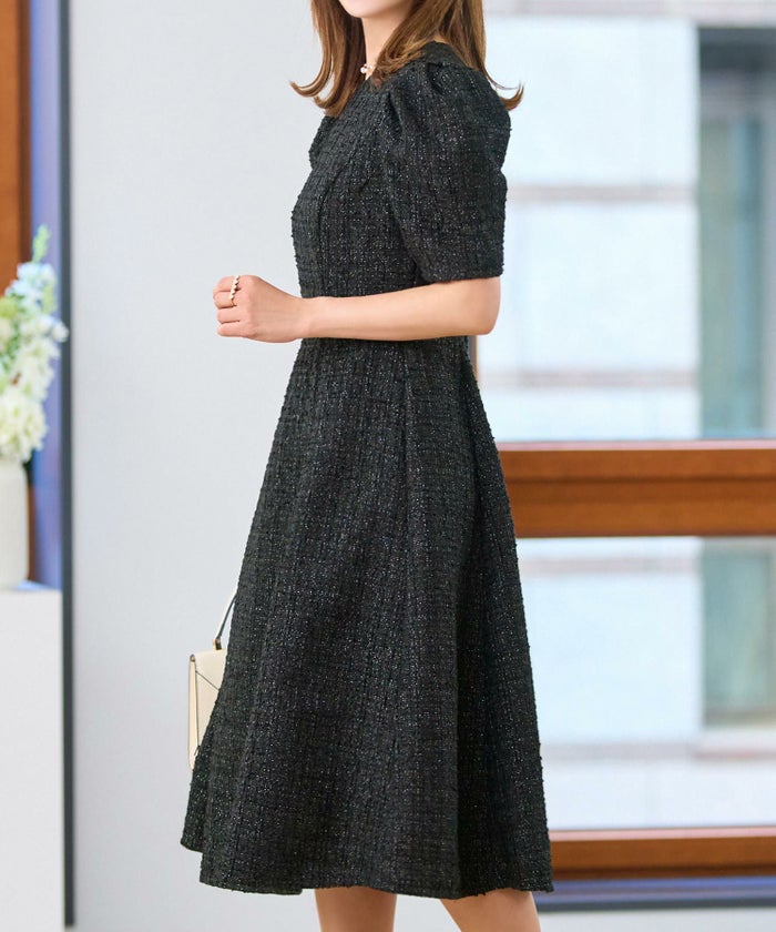 ツイードワンピースレディースファッションフォーマル普段着パーティ春夏秋半袖膝丈かわいいジョイントスペース