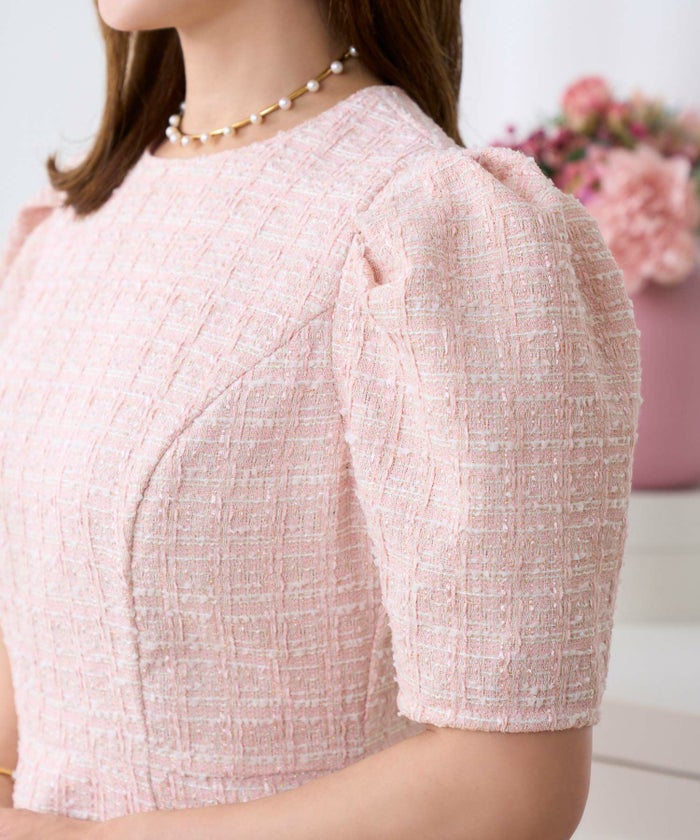 ツイードワンピースレディースファッションフォーマル普段着パーティ春夏秋半袖膝丈かわいいジョイントスペース