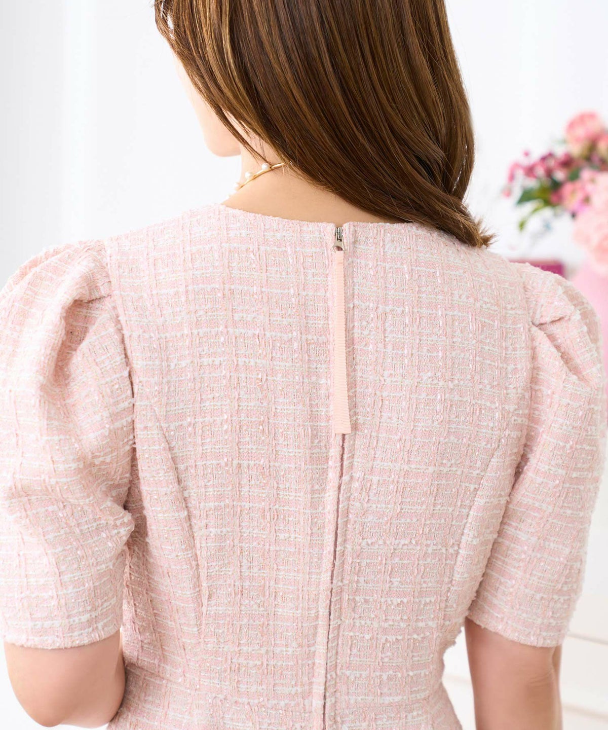 ツイードワンピースレディースファッションフォーマル普段着パーティ春夏秋半袖膝丈かわいいジョイントスペース