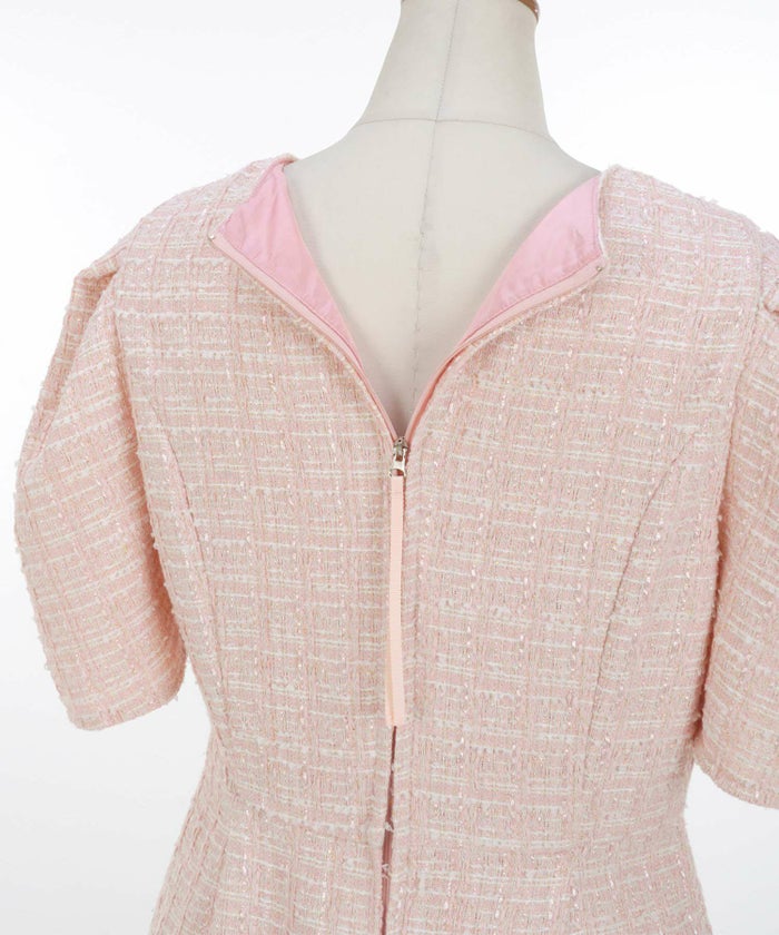 ツイードワンピースレディースファッションフォーマル普段着パーティ春夏秋半袖膝丈かわいいジョイントスペース