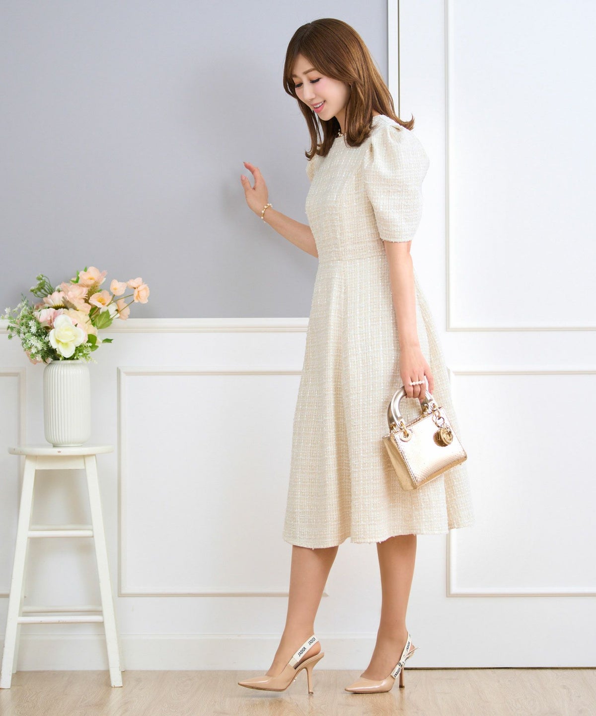 ツイードワンピースレディースファッションフォーマル普段着パーティ春夏秋半袖膝丈かわいいジョイントスペース