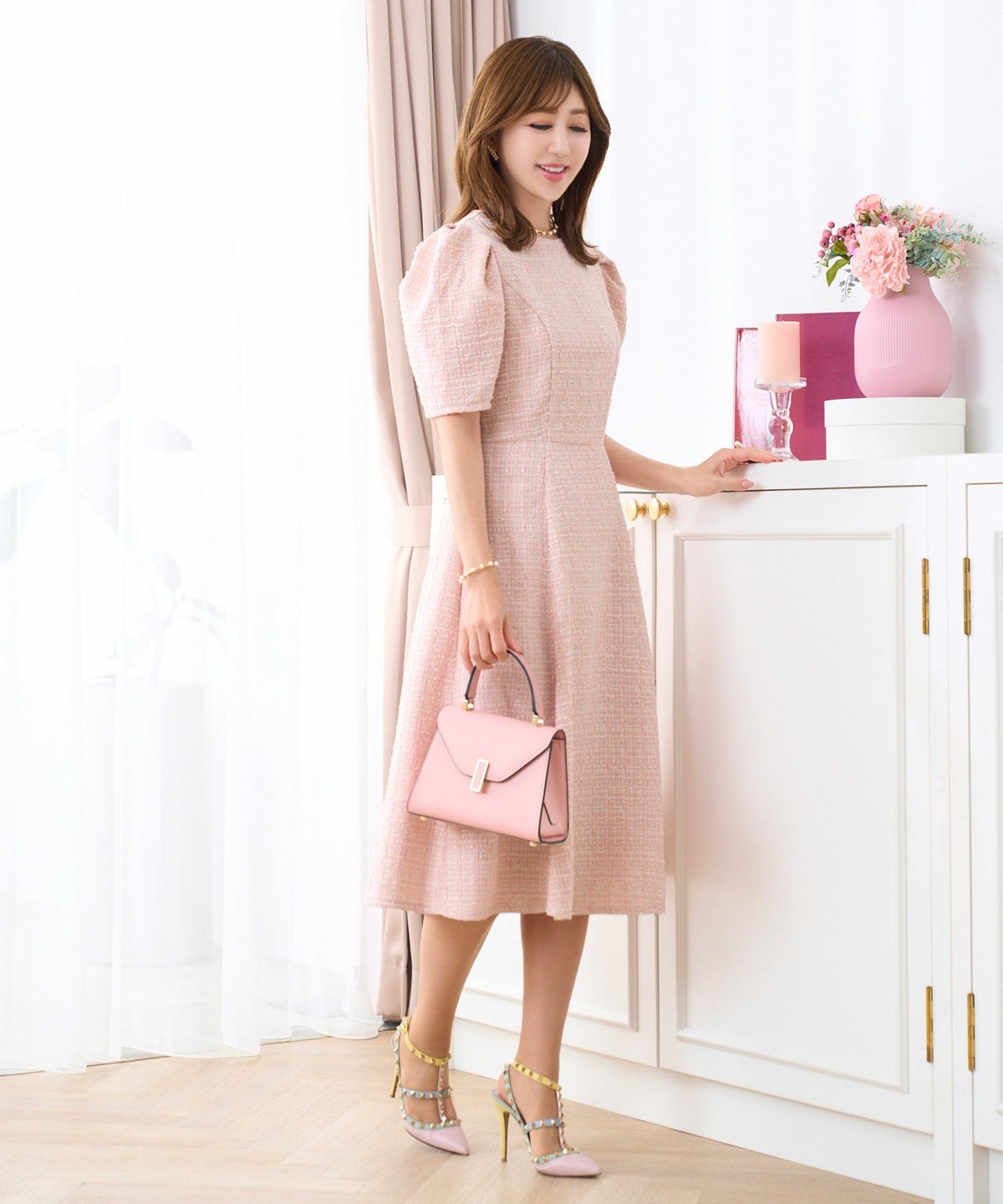 ツイードワンピースレディースファッションフォーマル普段着パーティ春夏秋半袖膝丈かわいいジョイントスペース