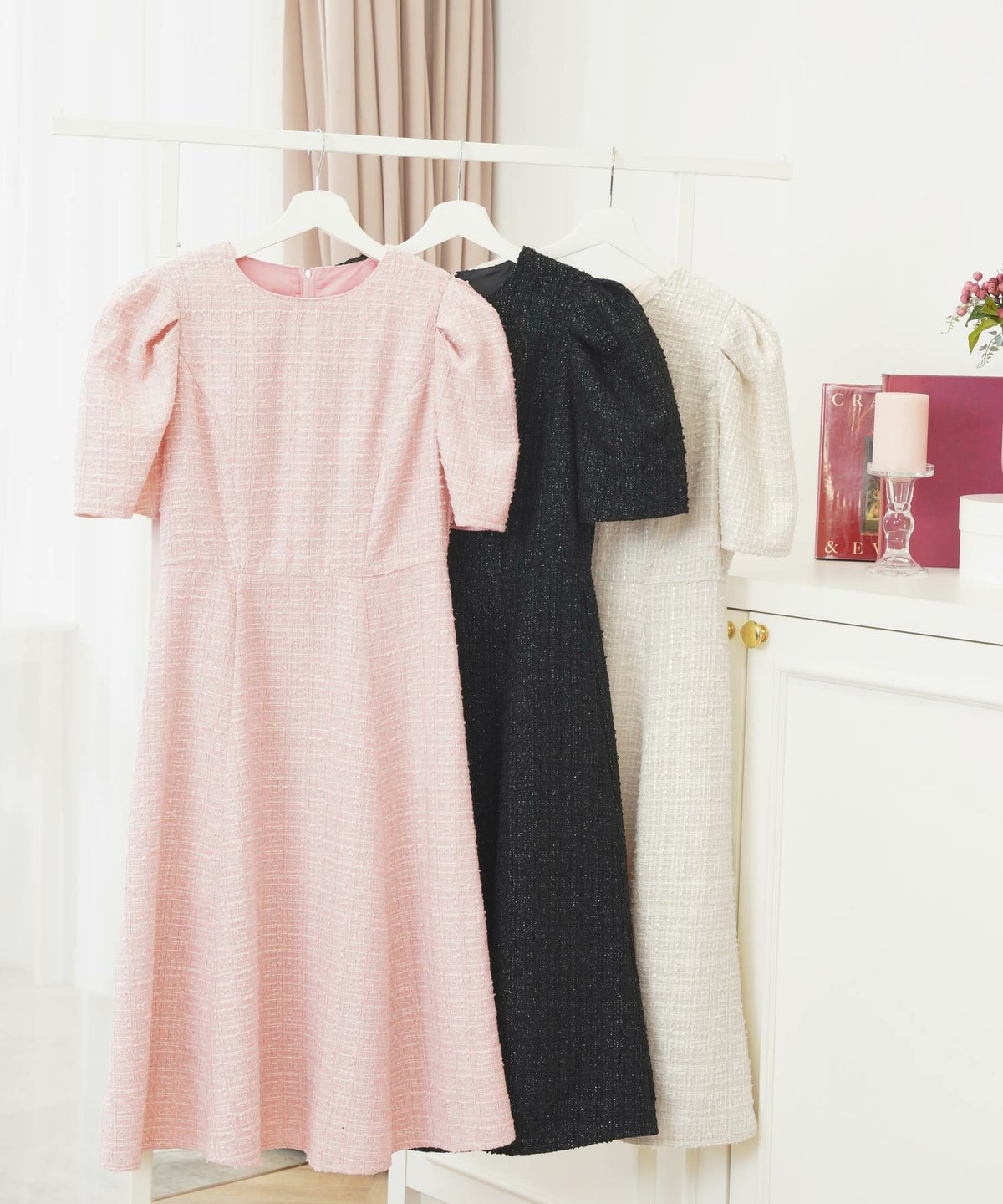 ツイードワンピースレディースファッションフォーマル普段着パーティ春夏秋半袖膝丈かわいいジョイントスペース