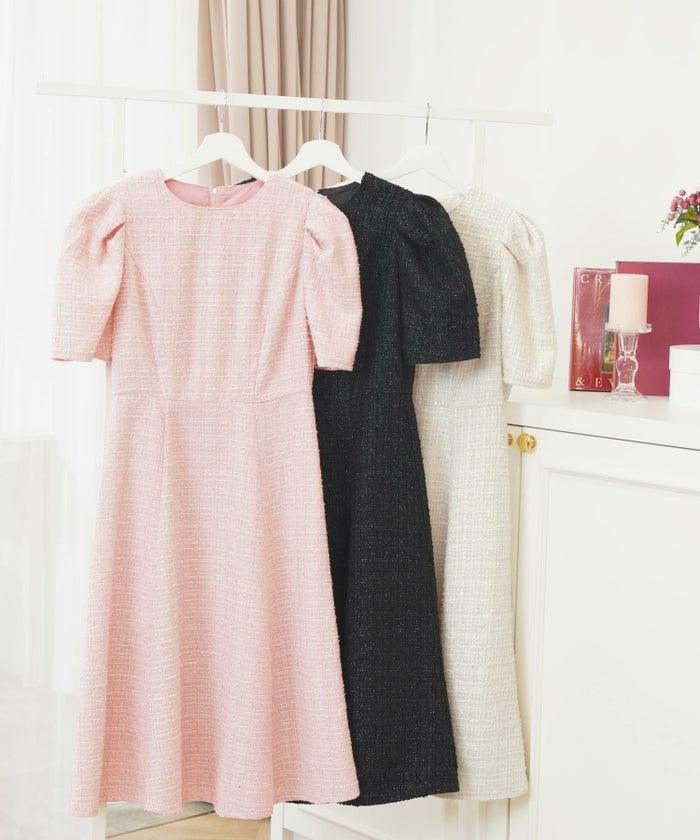 ツイードワンピースレディースファッションフォーマル普段着パーティ春夏秋半袖膝丈かわいいジョイントスペース