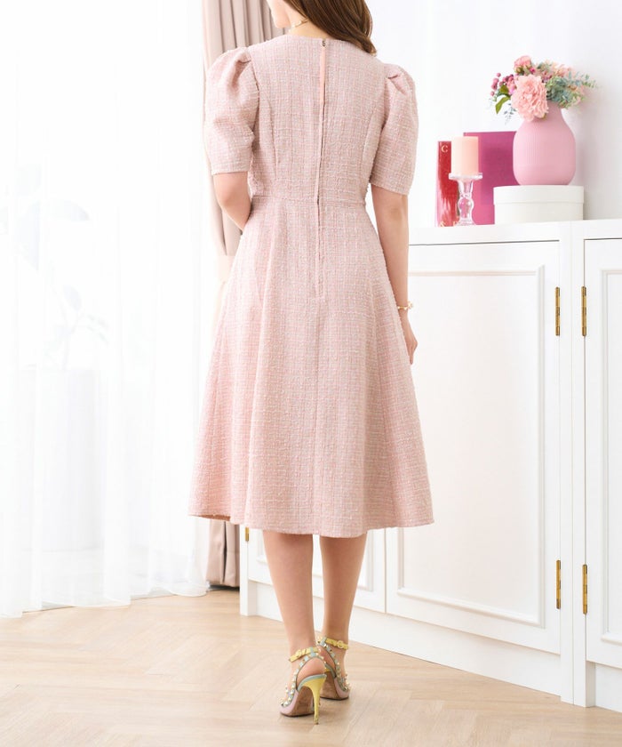 ツイードワンピースレディースファッションフォーマル普段着パーティ春夏秋半袖膝丈かわいいジョイントスペース