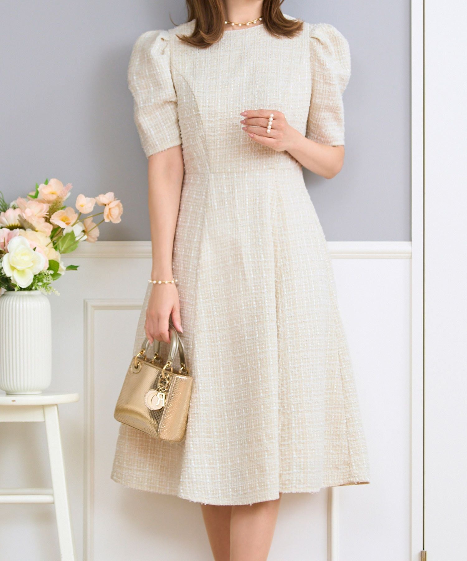 TIME-SALE マトンスリーブ ツイード ワンピース Prima Scherrer 全3色