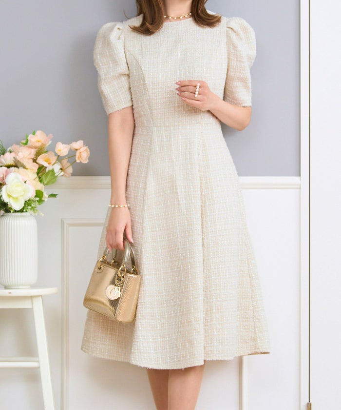 ツイードワンピースレディースファッションフォーマル普段着パーティ春夏秋半袖膝丈かわいいジョイントスペース