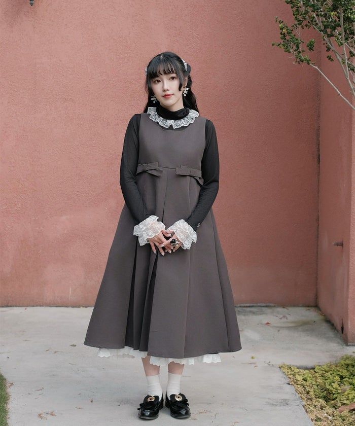 ボックスプリーツ クラシカル コットンレース ハイウエスト ロングワンピース アイボリー/チャコール/M