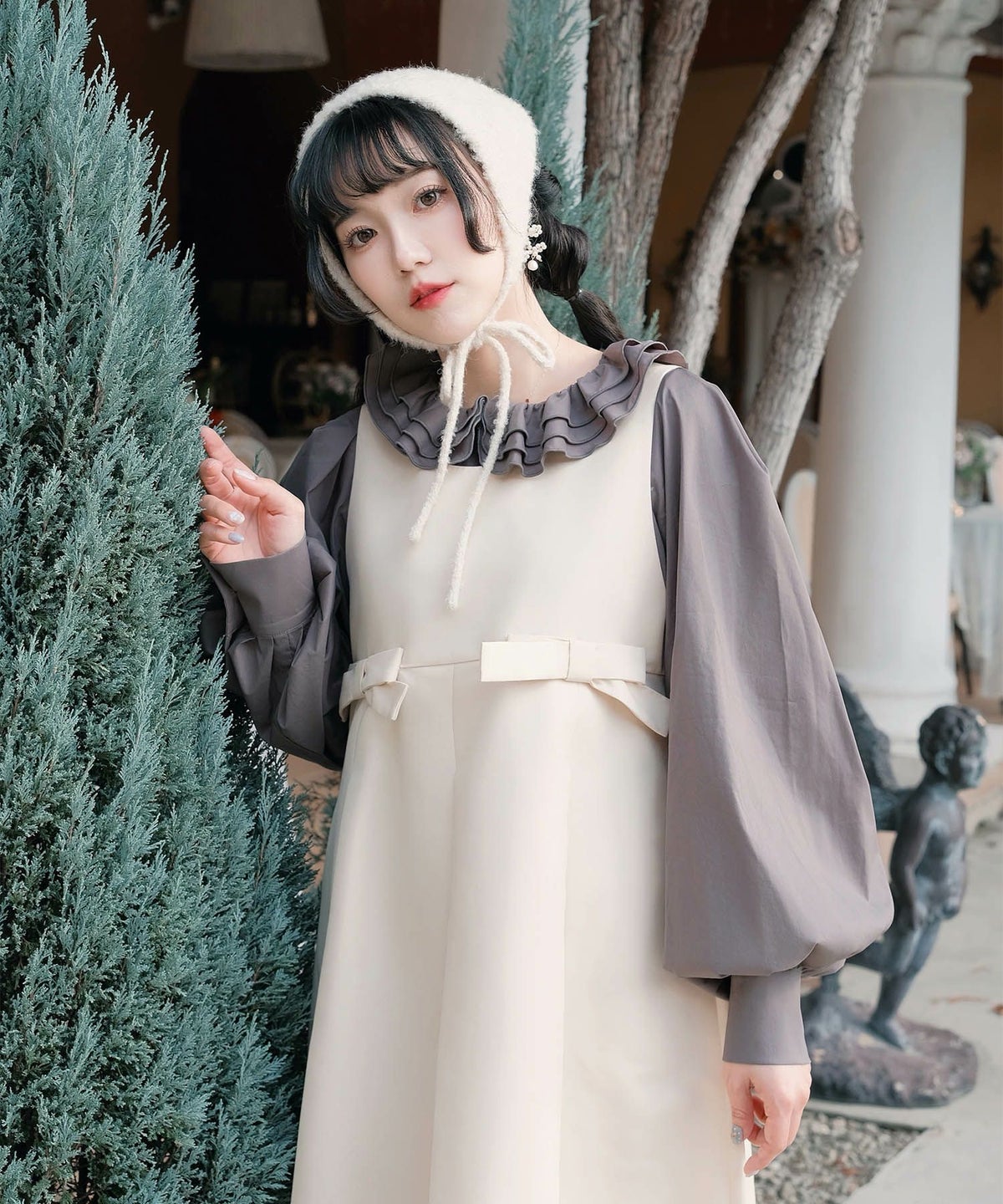 ボックスプリーツ クラシカル コットンレース ハイウエスト ロングワンピース アイボリー/チャコール/M