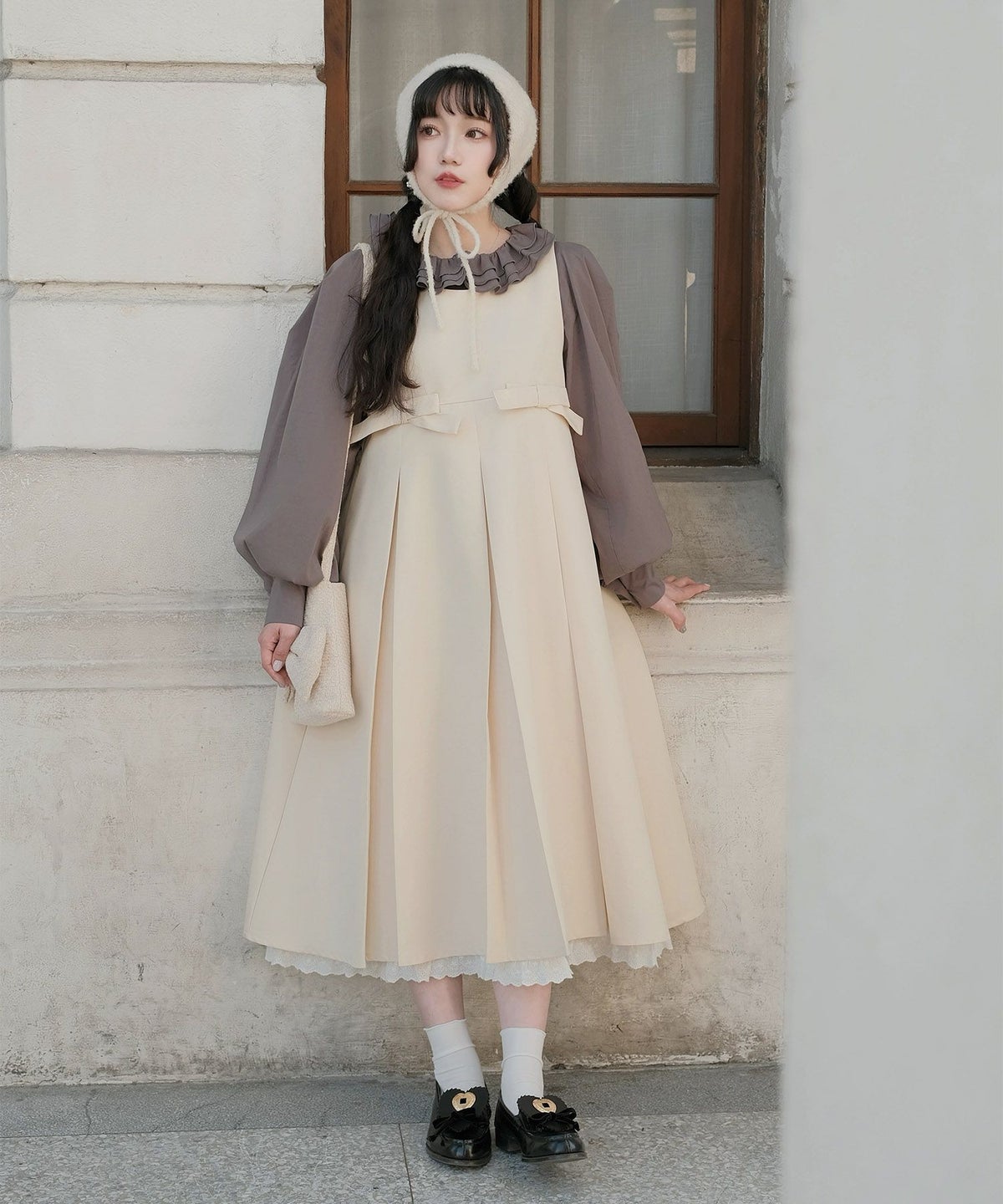 ボックスプリーツ クラシカル コットンレース ハイウエスト ロングワンピース アイボリー/チャコール/M