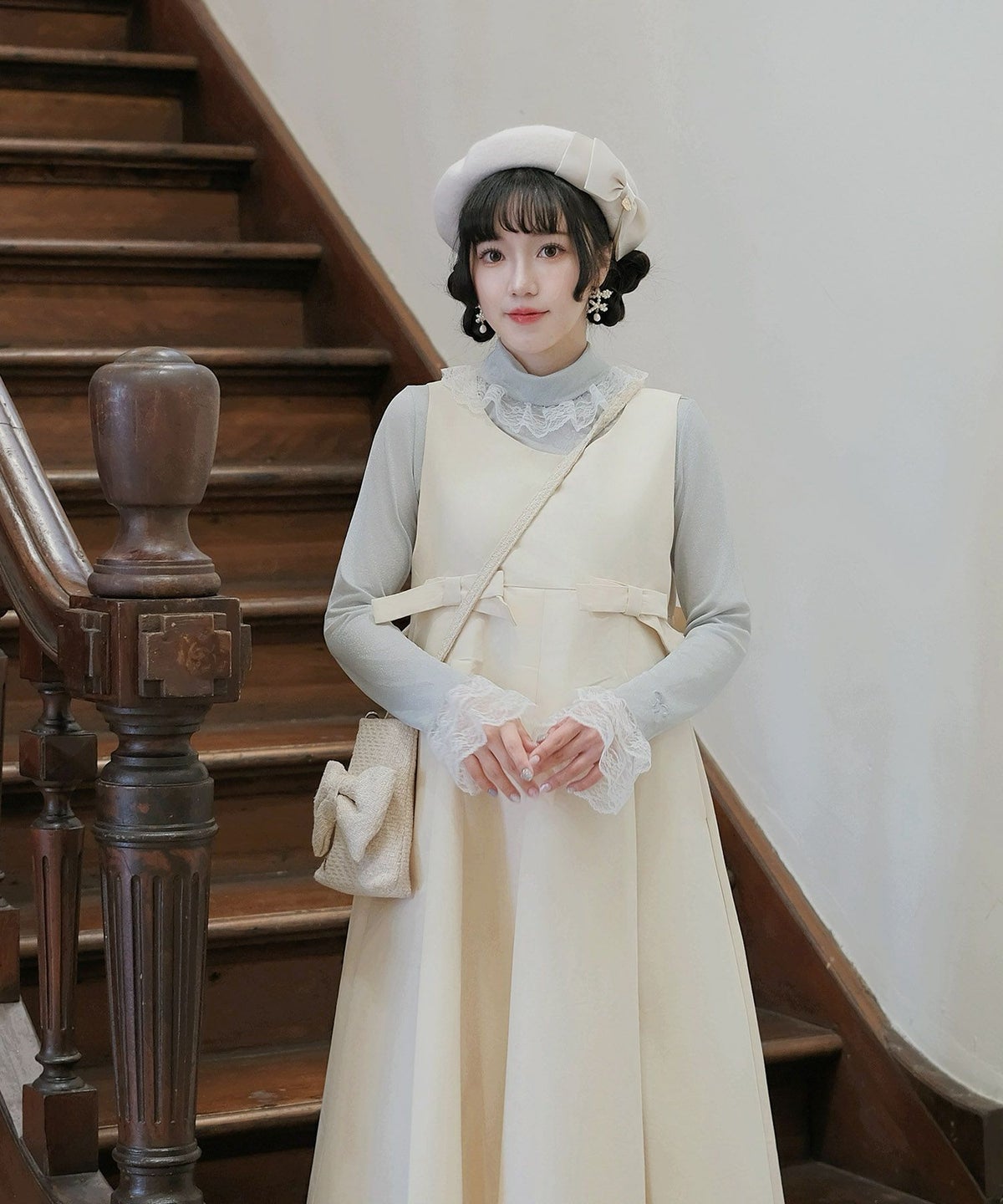 ボックスプリーツ クラシカル コットンレース ハイウエスト ロングワンピース アイボリー/チャコール/M