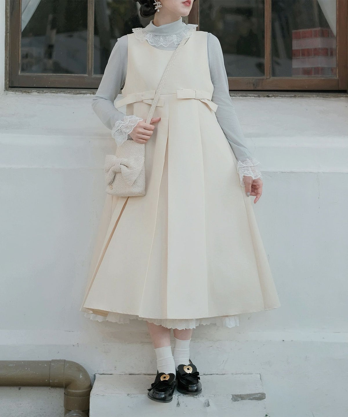 ボックスプリーツ クラシカル コットンレース ハイウエスト ロングワンピース アイボリー/チャコール/M