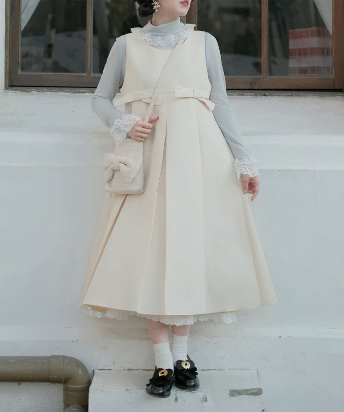 ボックスプリーツ クラシカル コットンレース ハイウエスト ロングワンピース アイボリー/チャコール/M