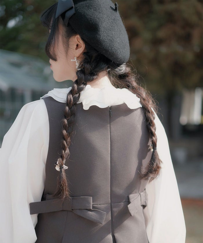 ボックスプリーツ クラシカル コットンレース ハイウエスト ロングワンピース アイボリー/チャコール/M