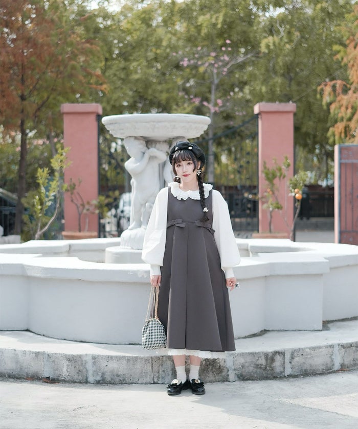 ボックスプリーツ クラシカル コットンレース ハイウエスト ロングワンピース アイボリー/チャコール/M