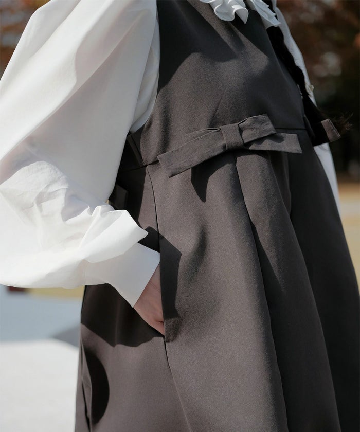 ボックスプリーツ クラシカル コットンレース ハイウエスト ロングワンピース アイボリー/チャコール/M