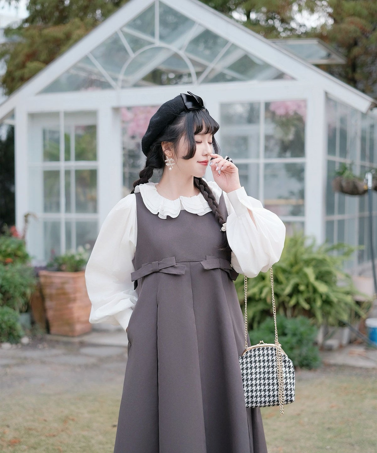 ボックスプリーツ クラシカル コットンレース ハイウエスト ロングワンピース アイボリー/チャコール/M