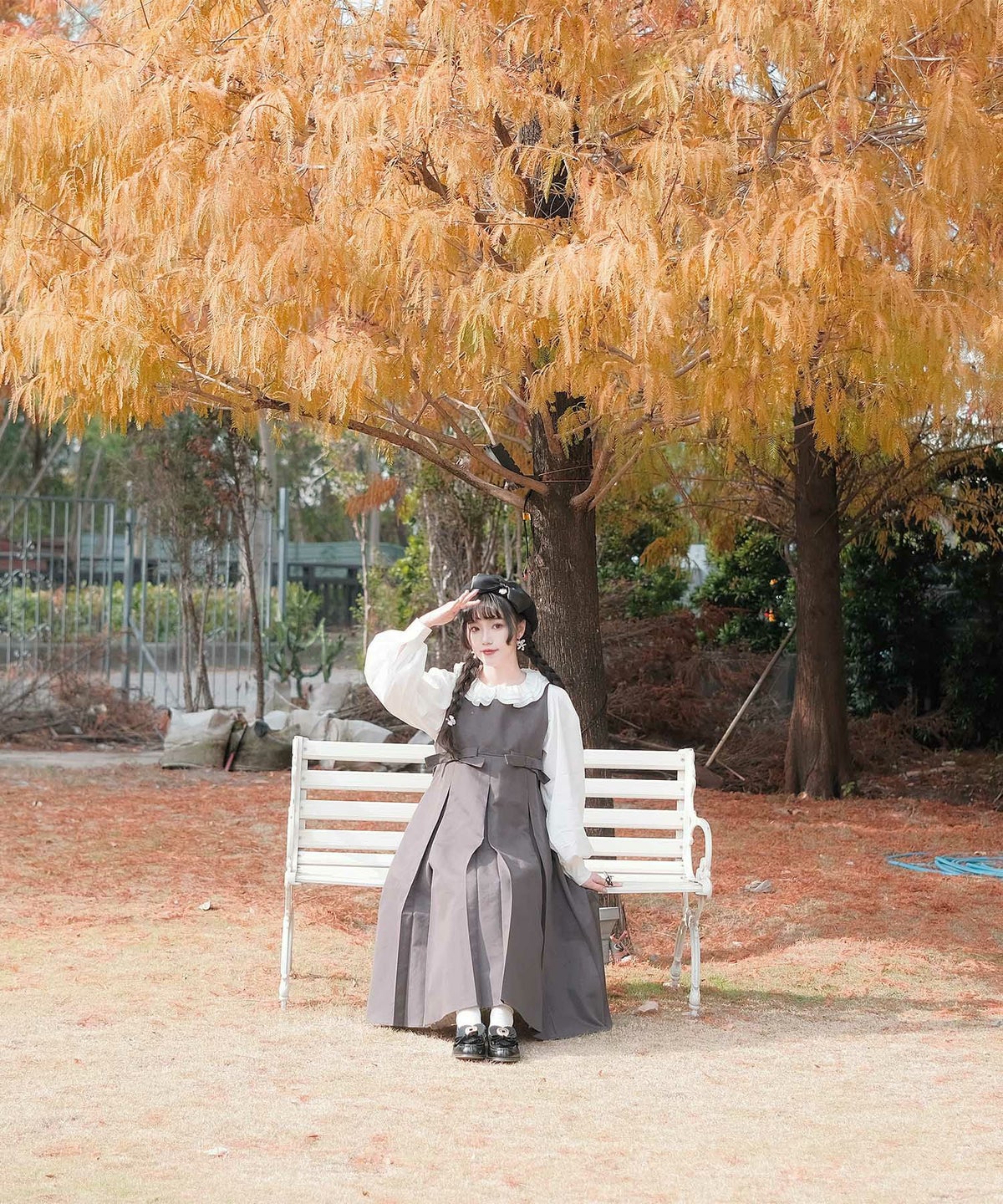 ボックスプリーツ クラシカル コットンレース ハイウエスト ロングワンピース アイボリー/チャコール/M