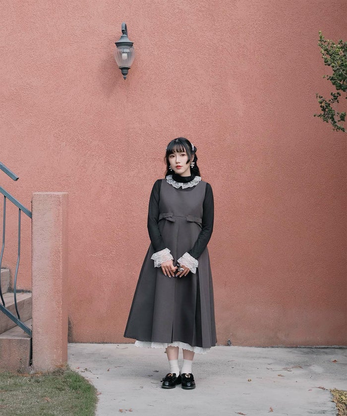 ボックスプリーツ クラシカル コットンレース ハイウエスト ロングワンピース アイボリー/チャコール/M