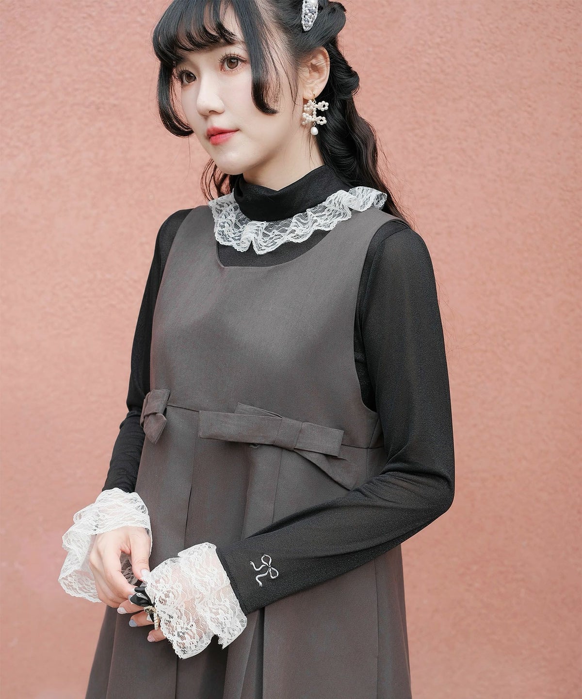 ボックスプリーツ クラシカル コットンレース ハイウエスト ロングワンピース アイボリー/チャコール/M