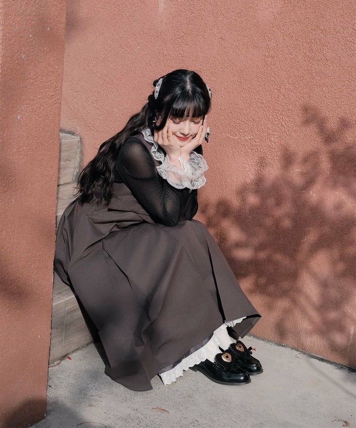 ボックスプリーツ クラシカル コットンレース ハイウエスト ロングワンピース アイボリー/チャコール/M