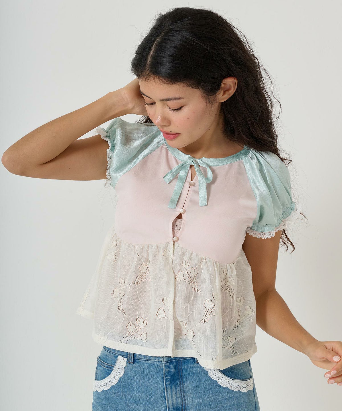 トップス/ブラウス/花柄/レース/ドッキング