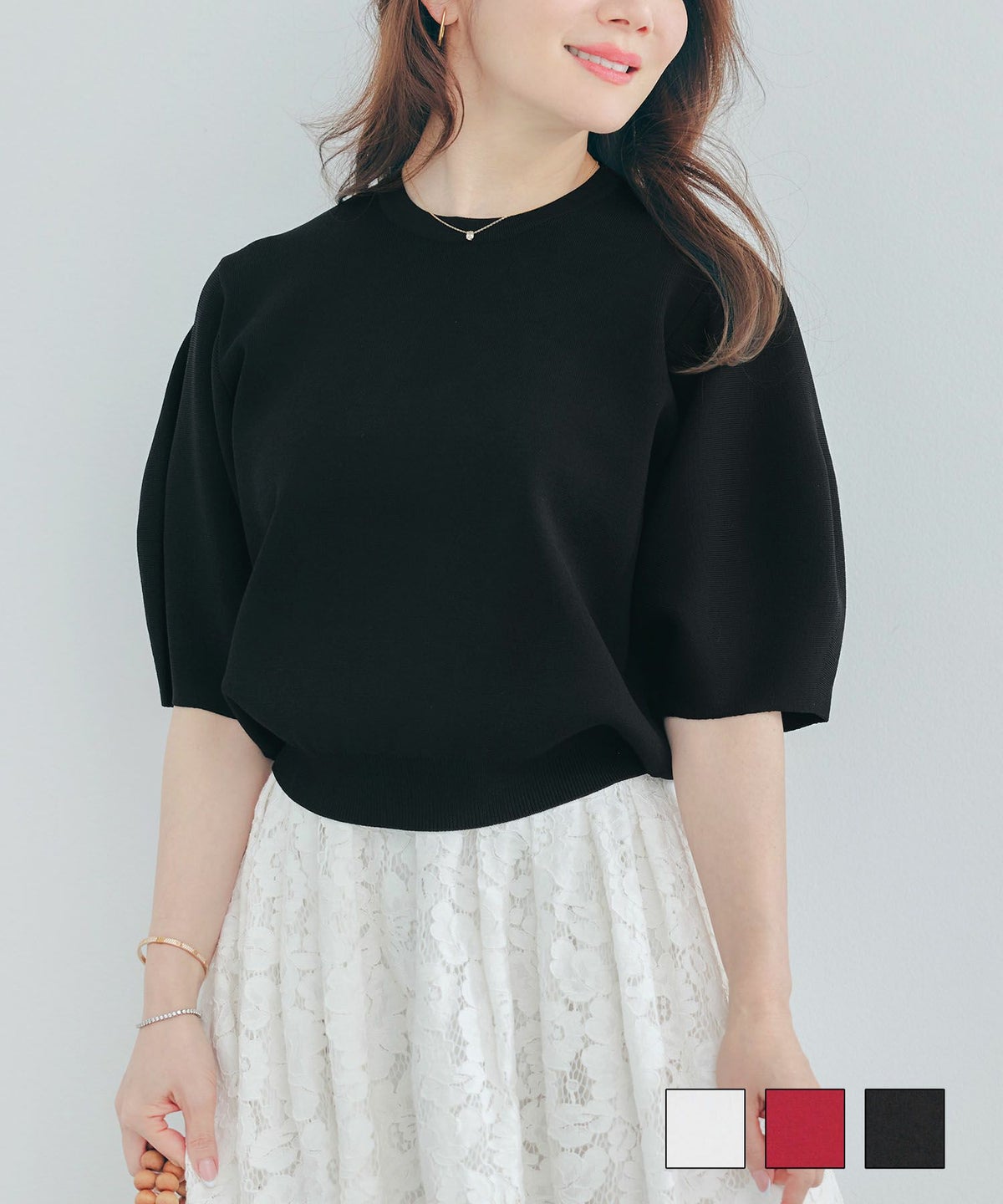 手洗い可 体型カバー パフスリーブ オフィス ラウンドネック おしゃれ フェミニン 上品 大人可愛い きれいめ シンプル ジョイントスペース パフ袖 ニット プルオーバー Liala×PG