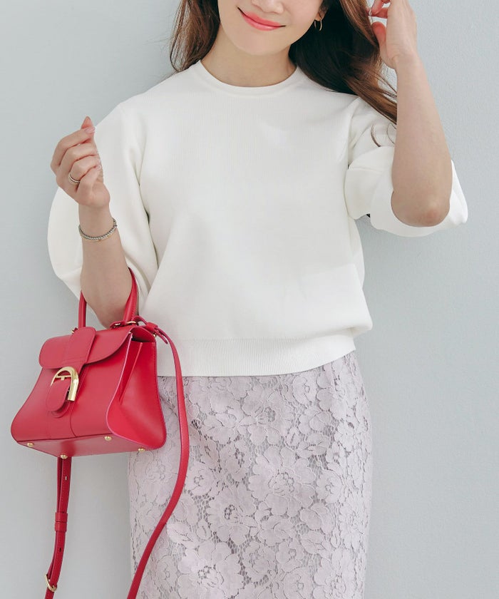 手洗い可体型カバーパフスリーブオフィスラウンドネックおしゃれフェミニン上品大人可愛いきれいめシンプルジョイントスペース