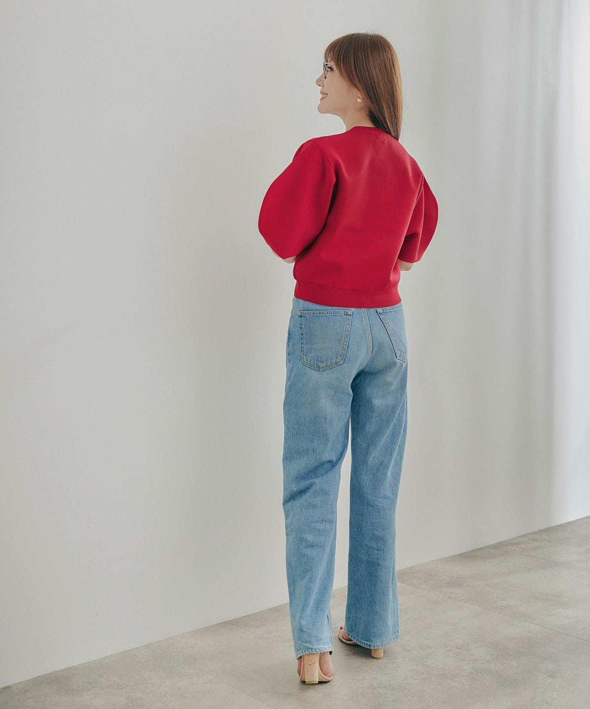 手洗い可体型カバーパフスリーブオフィスラウンドネックおしゃれフェミニン上品大人可愛いきれいめシンプルジョイントスペース