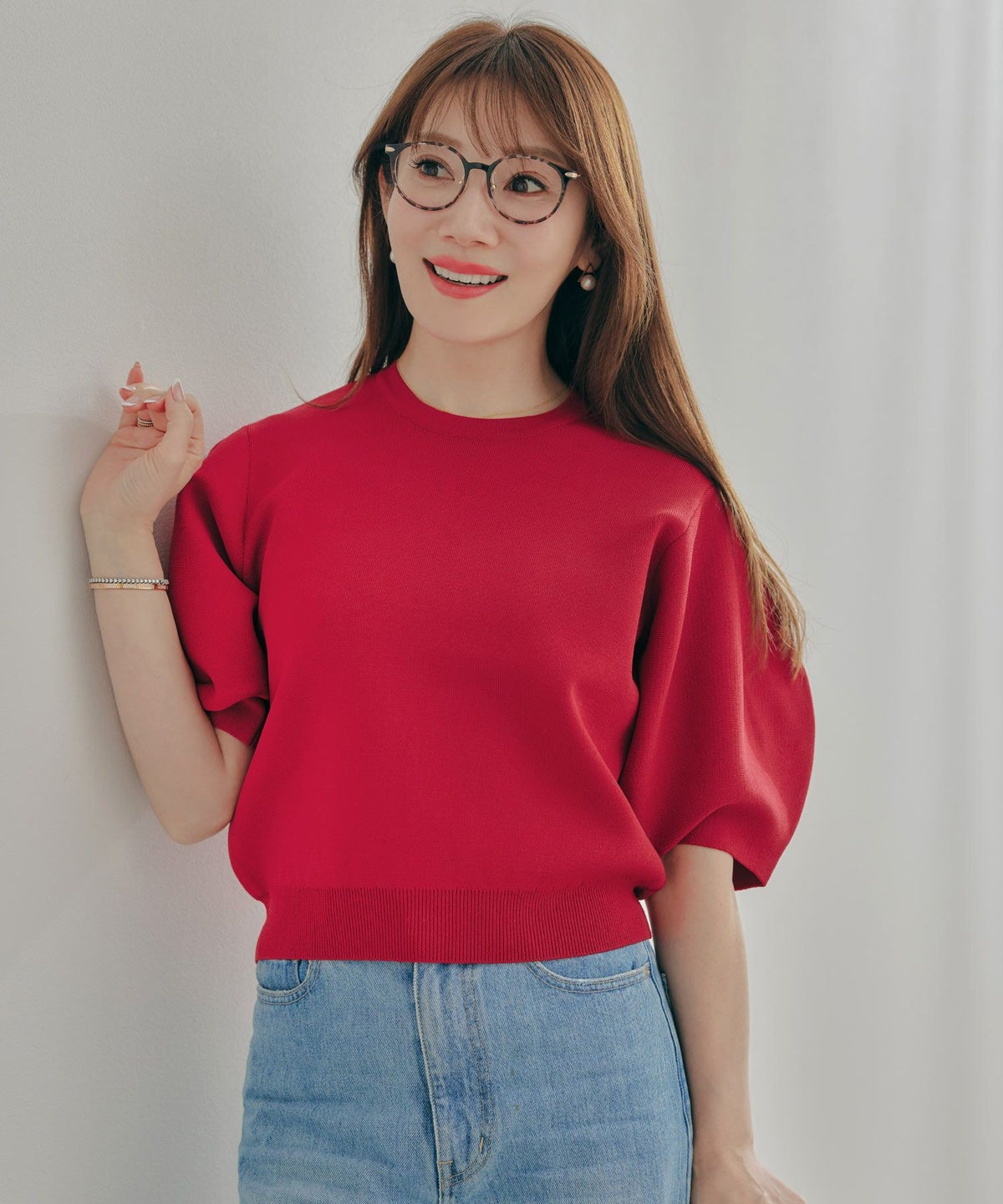 手洗い可体型カバーパフスリーブオフィスラウンドネックおしゃれフェミニン上品大人可愛いきれいめシンプルジョイントスペース