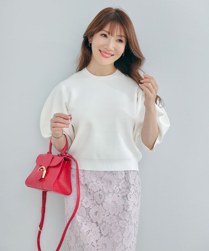 手洗い可体型カバーパフスリーブオフィスラウンドネックおしゃれフェミニン上品大人可愛いきれいめシンプルジョイントスペース