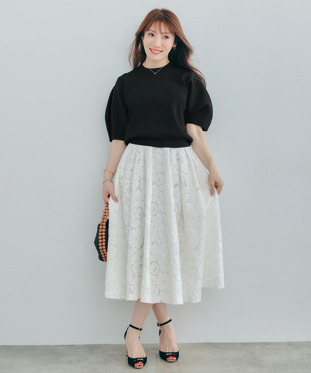 手洗い可体型カバーパフスリーブオフィスラウンドネックおしゃれフェミニン上品大人可愛いきれいめシンプルジョイントスペース