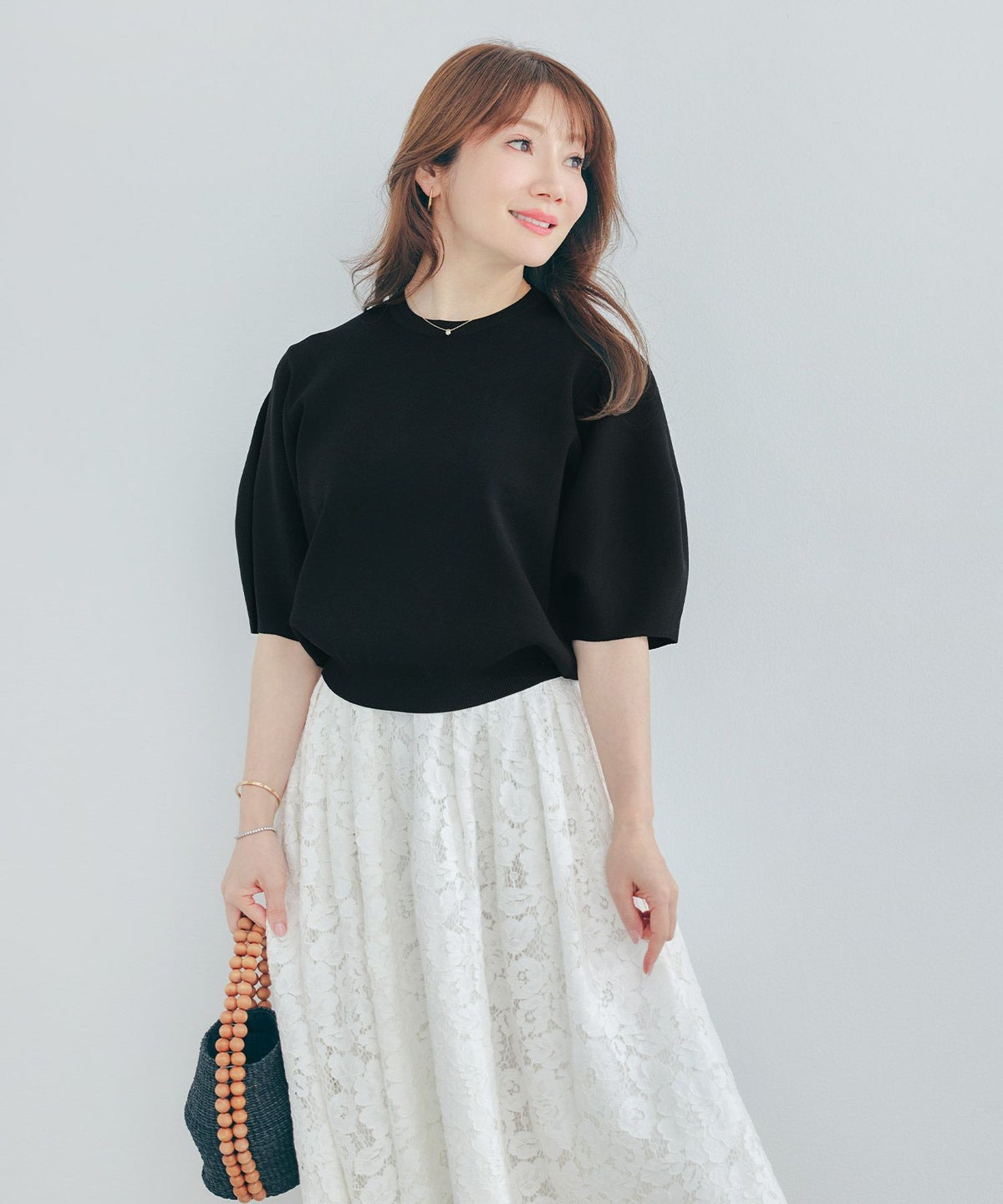 手洗い可体型カバーパフスリーブオフィスラウンドネックおしゃれフェミニン上品大人可愛いきれいめシンプルジョイントスペース