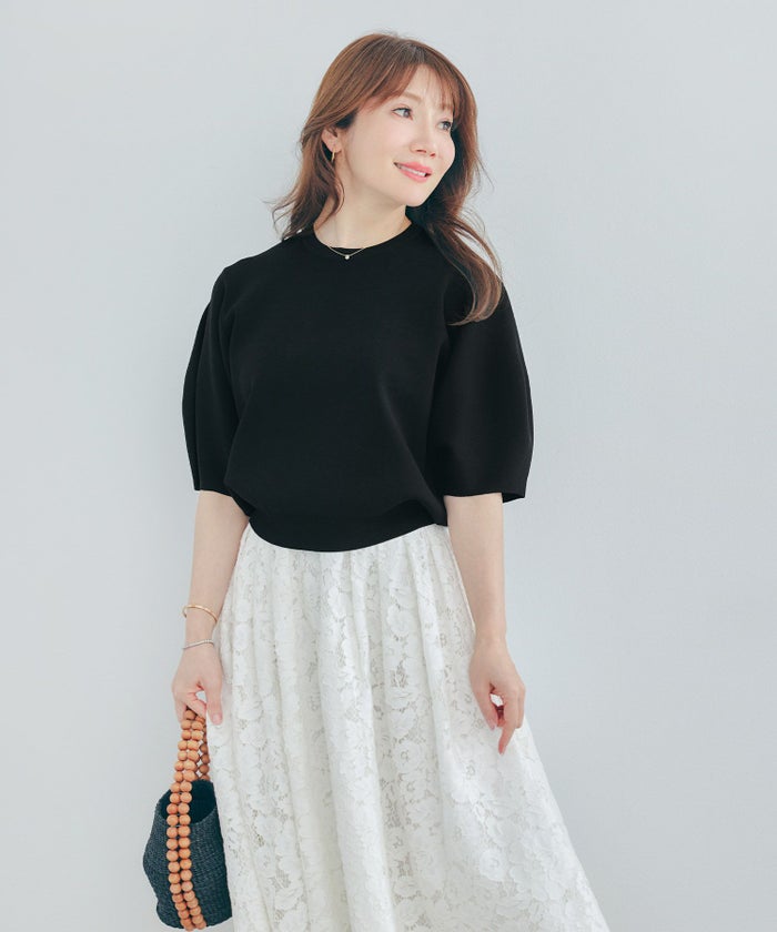 手洗い可体型カバーパフスリーブオフィスラウンドネックおしゃれフェミニン上品大人可愛いきれいめシンプルジョイントスペース