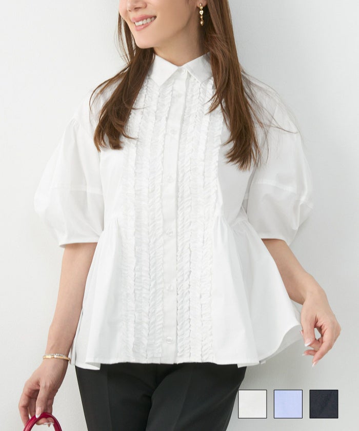 手洗い可体型カバーオフィスおしゃれフェミニン上品大人可愛いきれいめ春ジョイントスペース 襟付き フリル ランタンスリーブ ブラウス Liala×PG