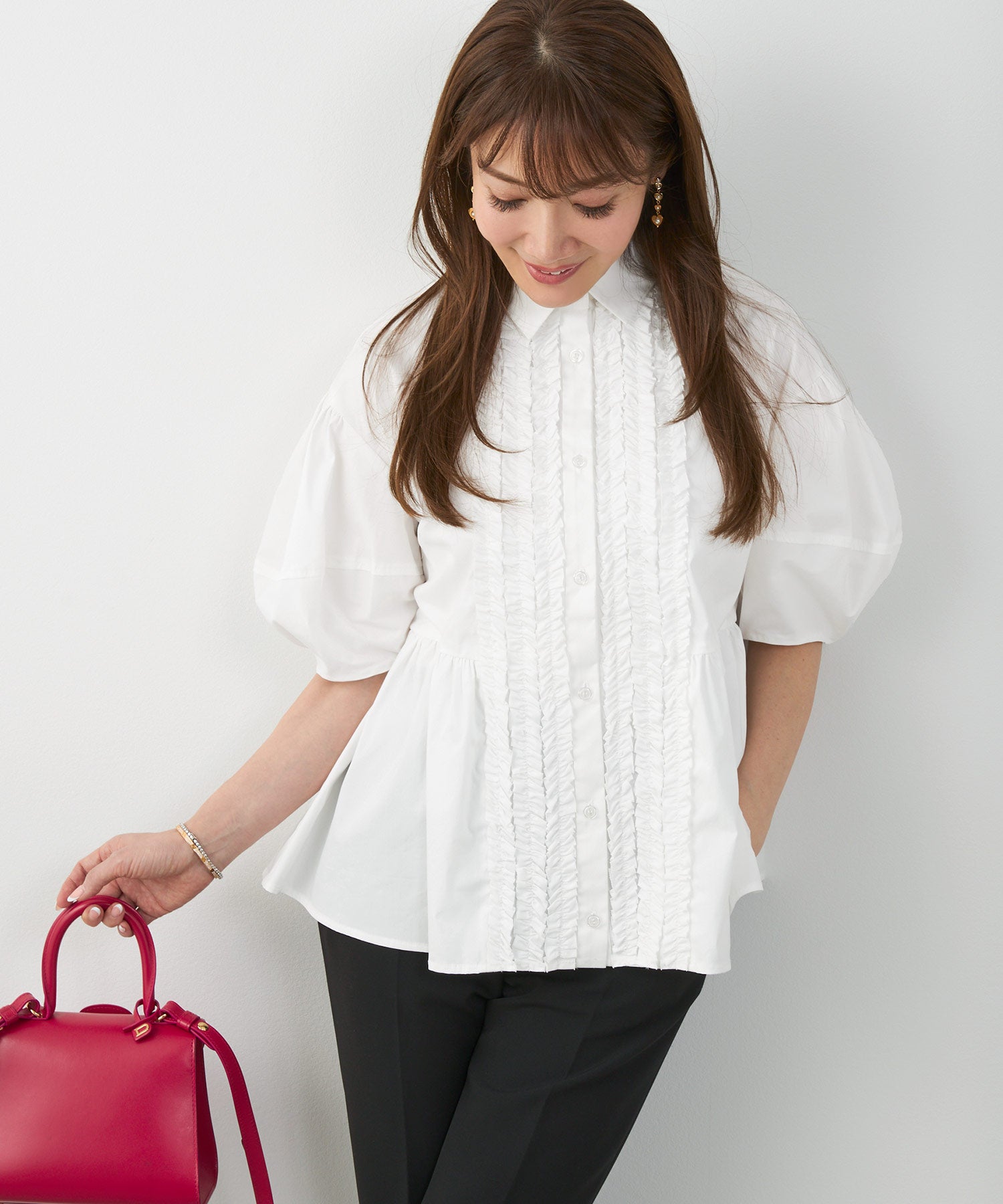 yori ヨリ　2022SM ランタンAラインブラウス　ピンク yori◇長袖ブラウス/FREE/ポリエステル/PNK/無地/YR2121-013SP