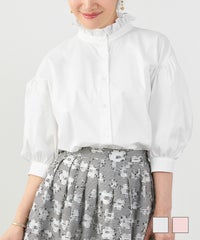 手洗い可体型カバーパフスリーブオフィスおしゃれフェミニン上品大人可愛いきれいめ春ジョイントスペース フリルネック パフ袖 ブラウス Liala×PG