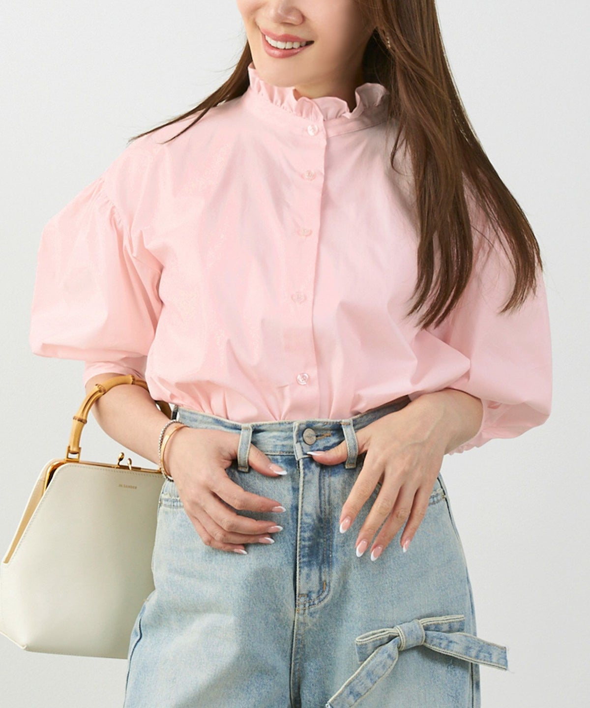 手洗い可体型カバーパフスリーブオフィスおしゃれフェミニン上品大人可愛いきれいめ春ジョイントスペース