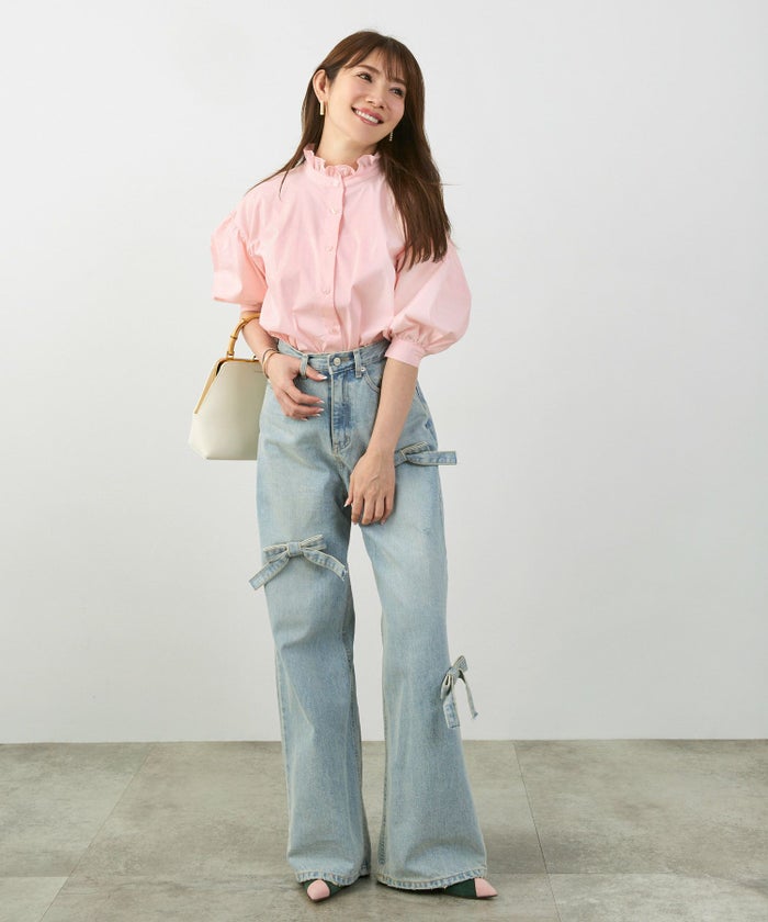 手洗い可体型カバーパフスリーブオフィスおしゃれフェミニン上品大人可愛いきれいめ春ジョイントスペース