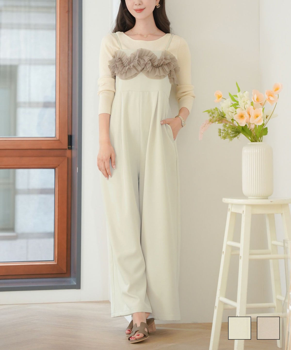 チュールフリル ゆったり サロペット, ワンピース, le reve vaniller, 30代、ママ, 休日、公園、レジャー チュールフリル ゆったり サロペット le reve vaniller